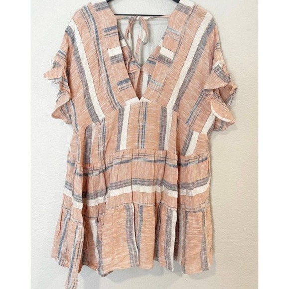 Lulus Striped Double V-Neck Tiered Mini Dress - Dusty Orange - Size XS* WD25 - Picture 9 of 12